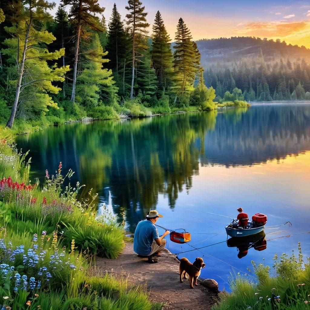 A serene lakeside scene illustrating a cheerful angler casting a fishing line, with essential fishing gear like a tackle box and a fishing rod nearby. Surrounding lush greenery, vibrant wildflowers, and a bright blue sky reflect an inviting outdoor atmosphere. Include a playful dog by the angler's side, symbolizing companionship. Capture the joyful essence of fishing trips with a picturesque sunset. super-realistic. vibrant colors. natural setting.