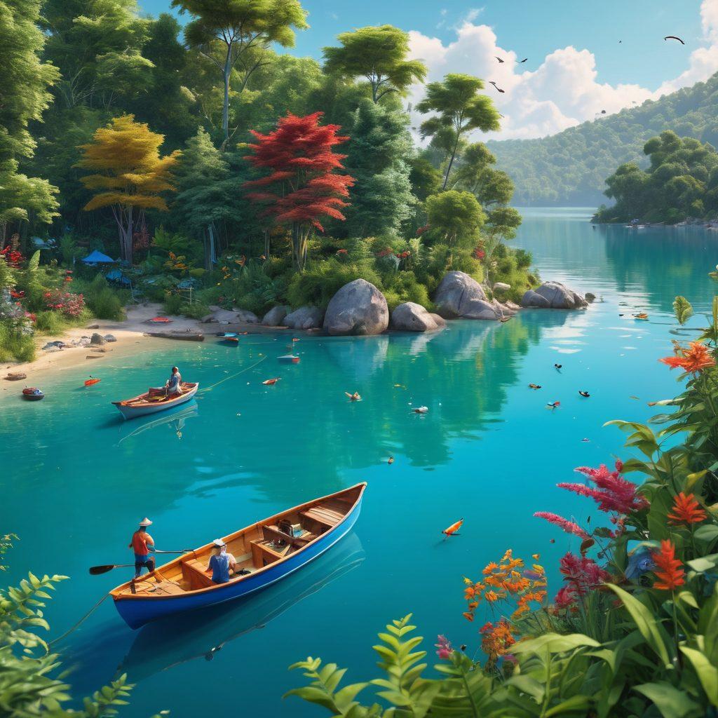 A vibrant blue lake with people of all ages joyfully fishing from colorful boats and the shore, surrounded by lush greenery and playful wildlife like jumping fish and laughing birds, featuring an assortment of fishing tools and gear scattered around, evoking a sense of adventure and relaxation. super-realistic. vibrant colors. 3D.