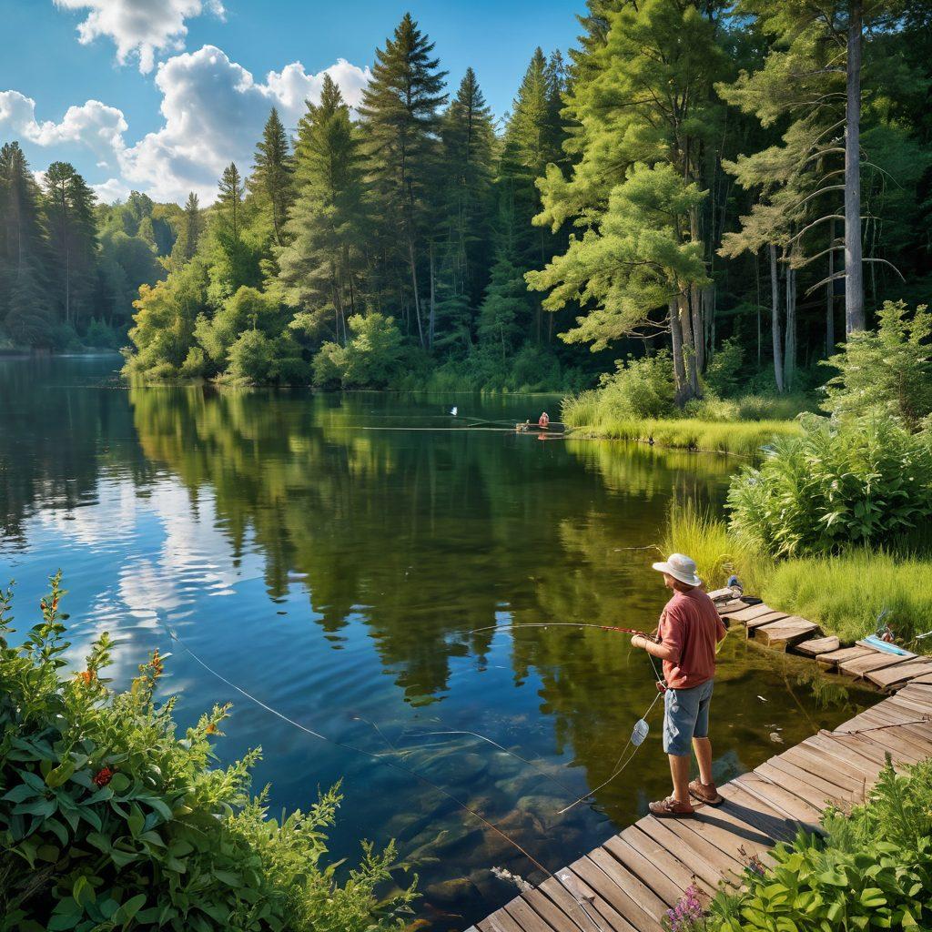 A vibrant outdoor scene showcasing a cheerful fisherman casting a line into a sparkling lake surrounded by lush greenery. Fishing gear, including colorful rods and tackle boxes, are prominently displayed nearby, with playful fish jumping out of the water. Soft sunlight filters through the trees, creating a warm and inviting atmosphere. The sky is a bright blue with fluffy white clouds. super-realistic. vibrant colors. idyllic landscape.